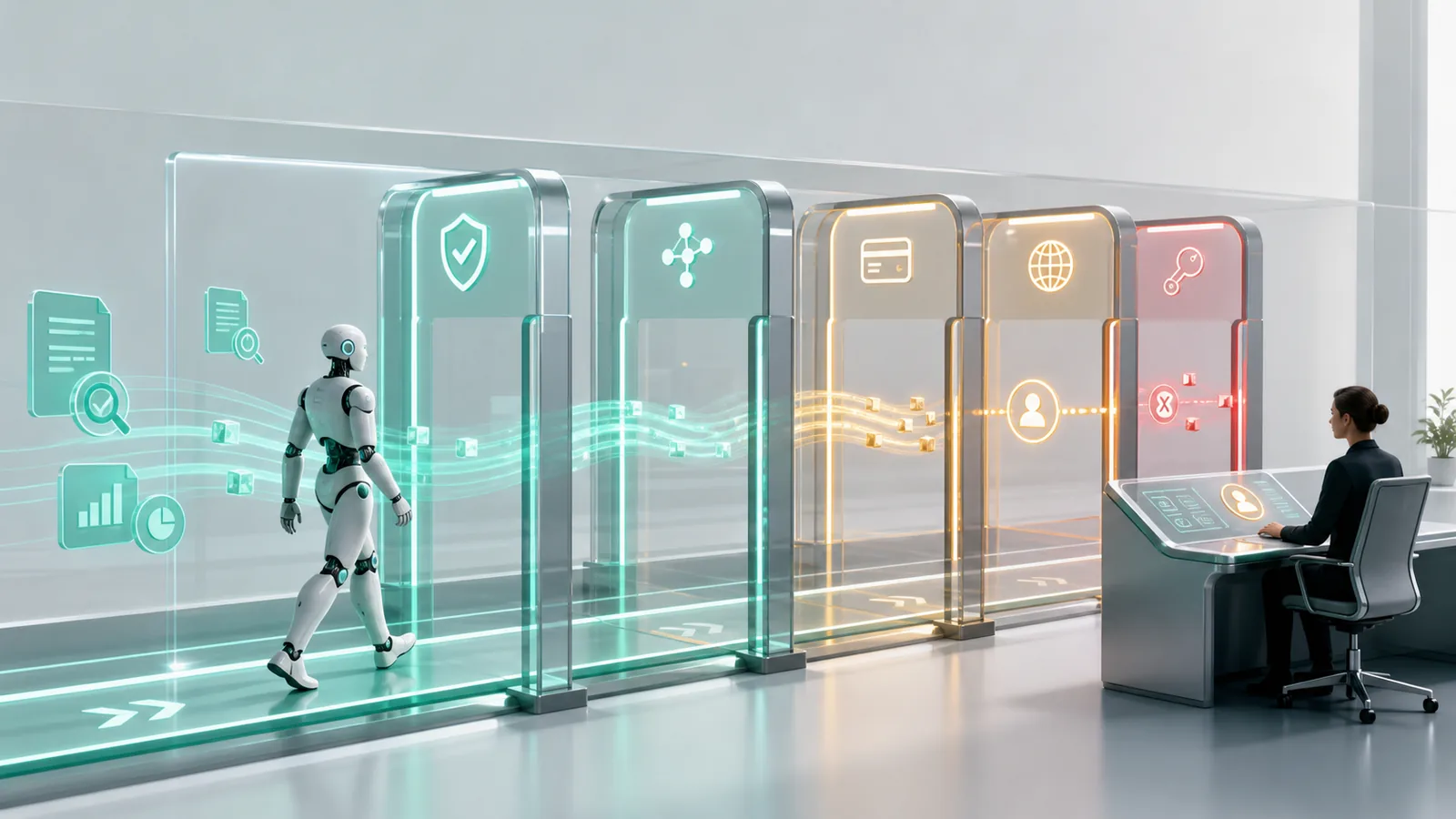 AI Agent 通過多層授權閘門，安全任務可通行，敏感操作需要人工核准，高風險行為則被阻擋